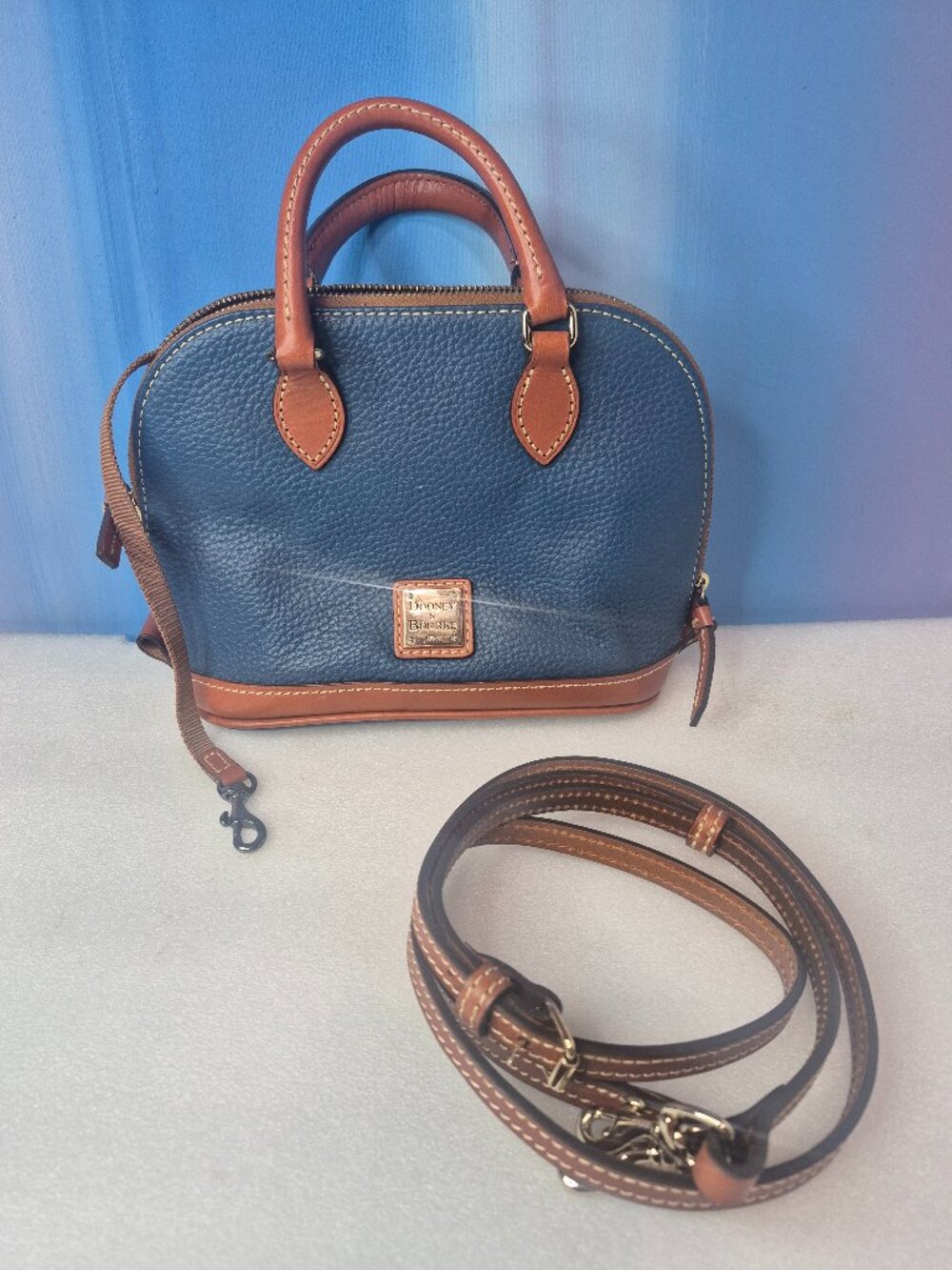 Dooney & Bourke Navy Blue Pebbled Leather Zip Zip Satchel Bag with Brown Trim